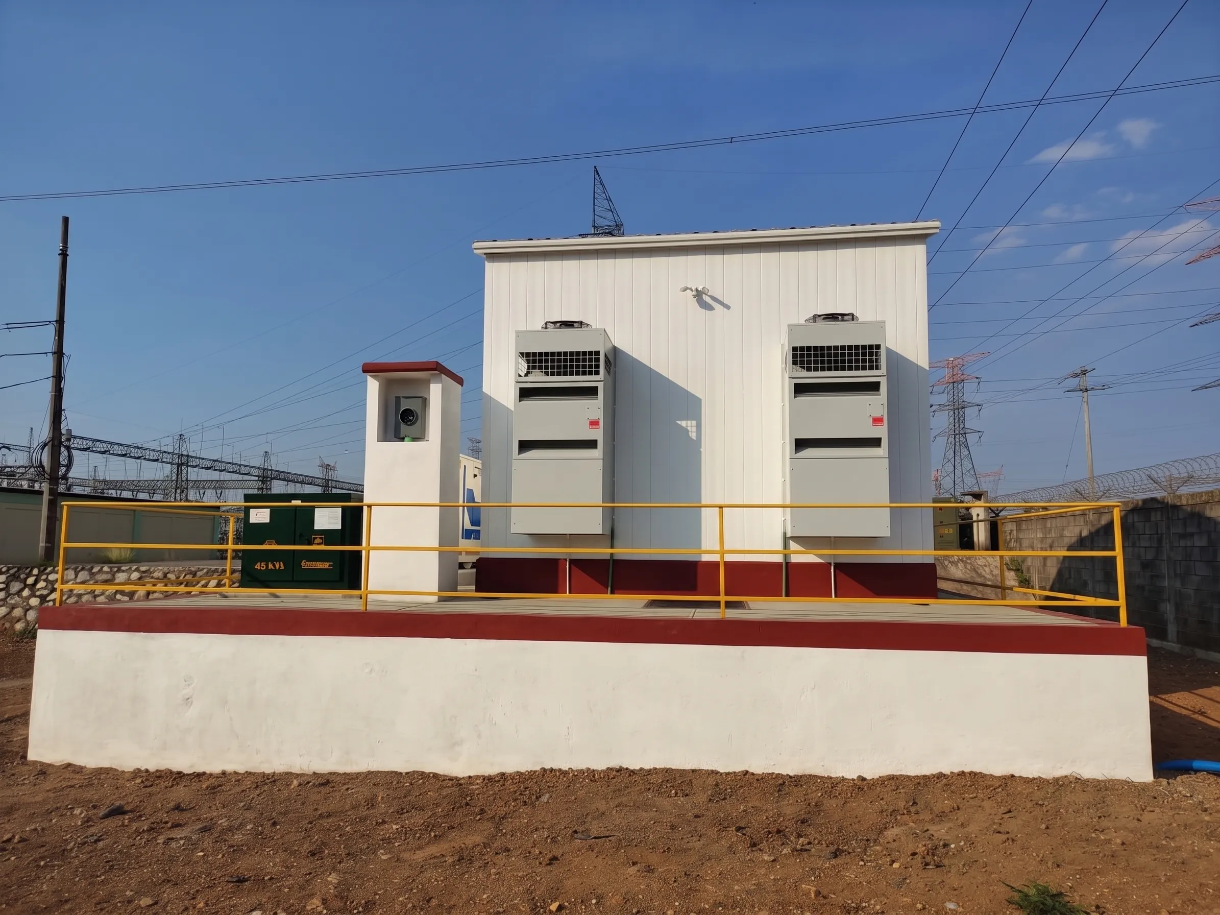 Shelter con Stulz y torres de transmisión eléctrica